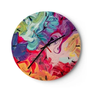 Zegar ścienny - Abstrakcyjna mieszanka kolorów w intensywnych odcieniach - 30x30cm - Narodziny barw - Nowoczesna dekoracja ścienna do salonu, kuchni i sypialni ARTTOR