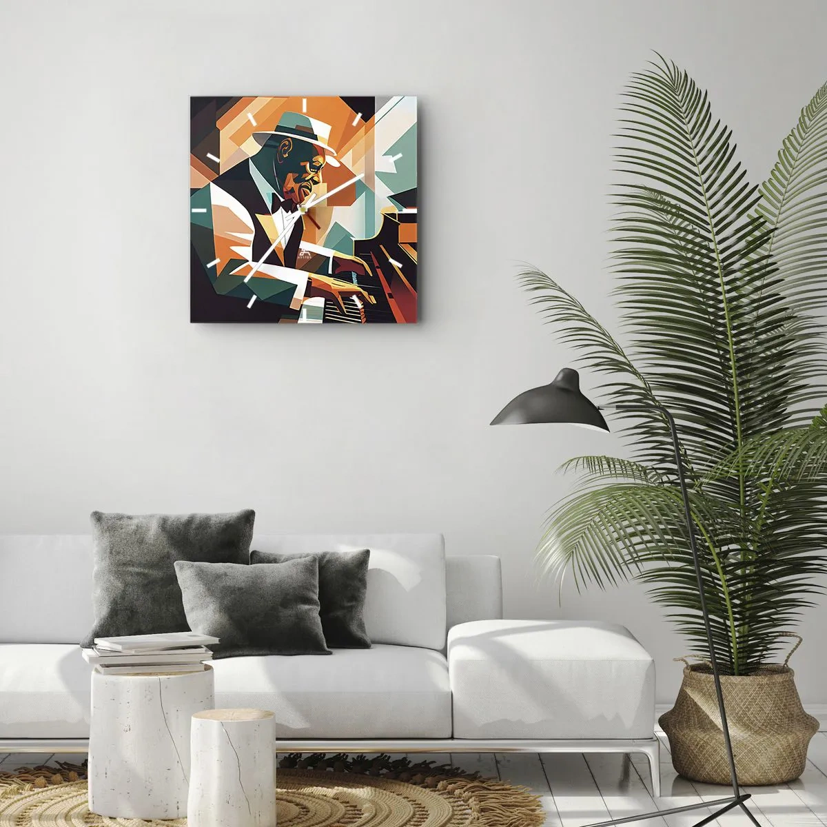 Zegar ścienny - Abstrakcyjny muzyk grający na fortepianie w ciepłych barwach - 30x30cm - Cały ten jazz - Nowoczesna dekoracja ścienna do salonu i sypialni ARTTOR