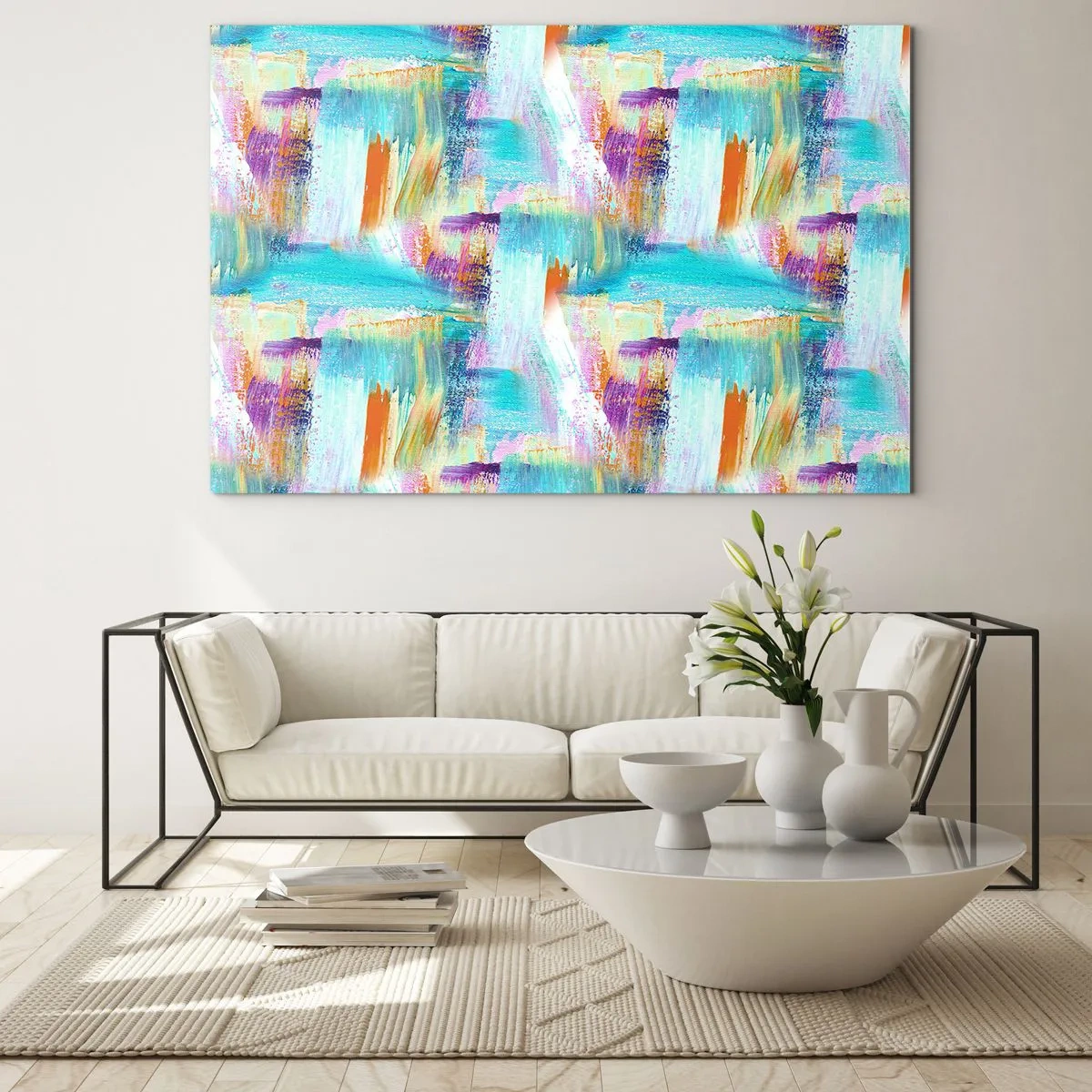 Obraz na szkle - Kolorowa abstrakcja z pociągnięciami pędzla w pastelowych i żywych barwach - 100x70cm - Pogodny mazaniec-przekładaniec - Nowoczesna dekoracja ścienna do salonu, kuchni i sypialni ARTTOR