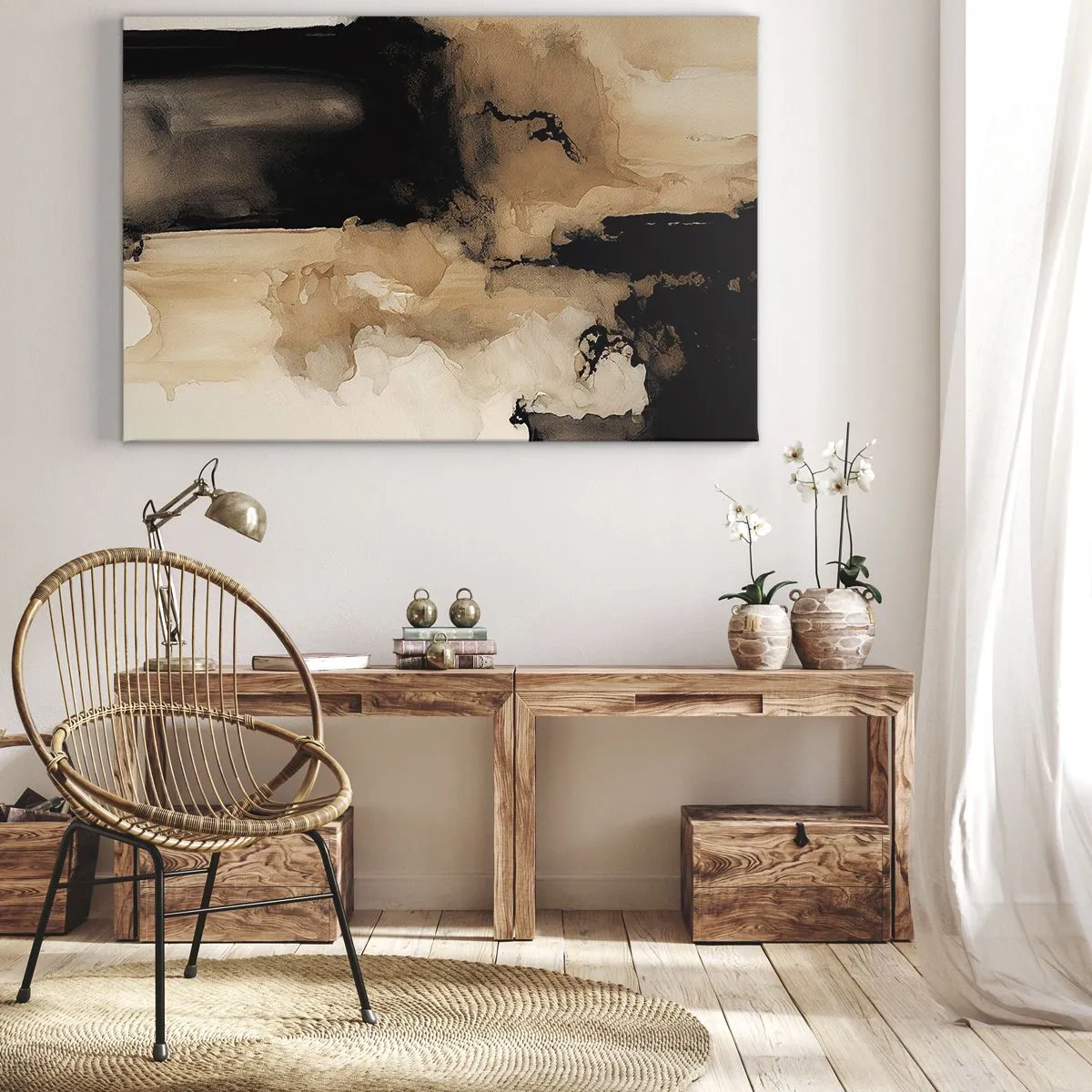Obraz na płótnie - Abstrakcyjna kompozycja w odcieniach brązu i czerni - 70x50cm - Abstrakcja intrygująca - Nowoczesna dekoracja ścienna do salonu i sypialni ARTTOR