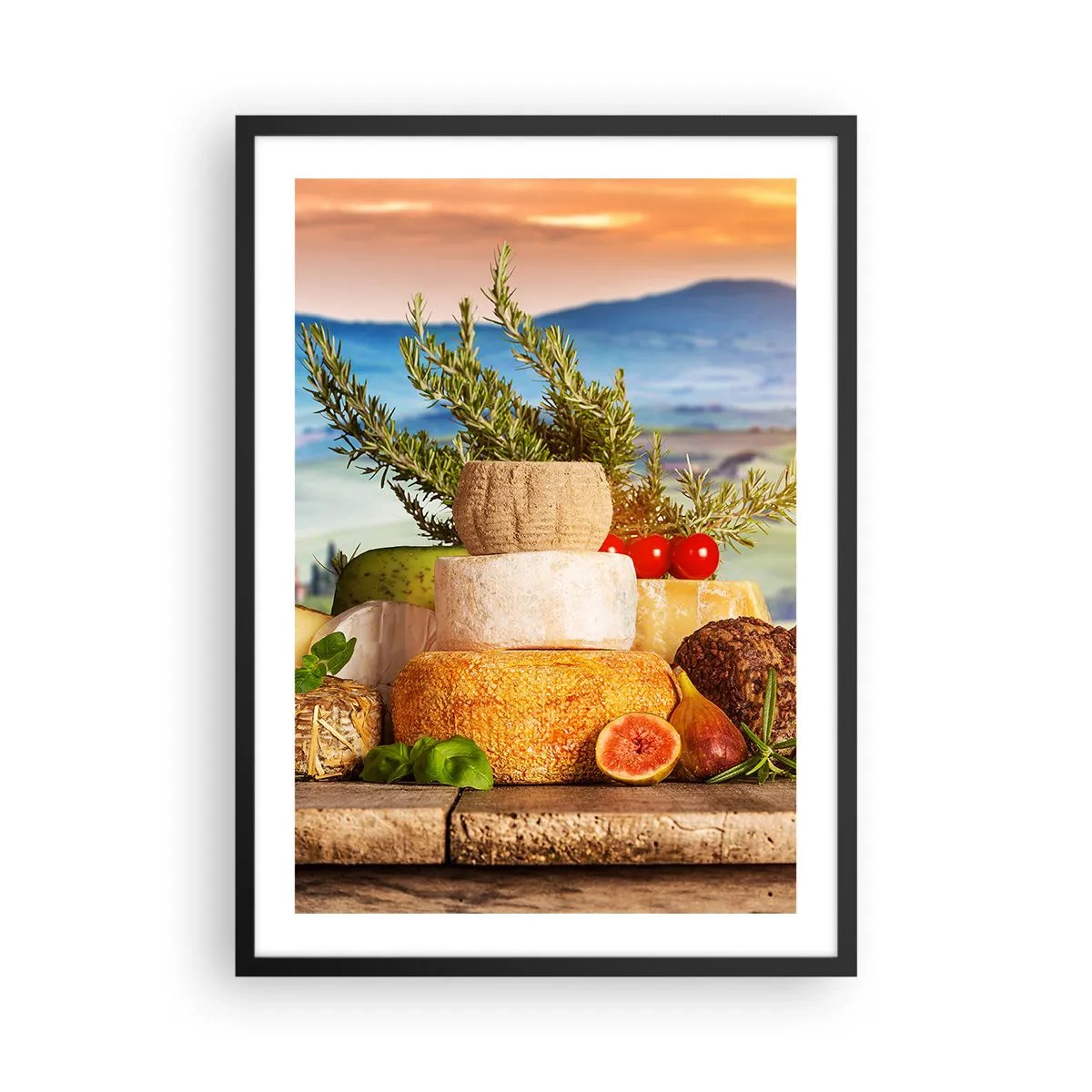 Plakat w czarnej ramie - Rustykalny stos serów na tle krajobrazu - 50x70cm - Włoska radość życia - Nowoczesna dekoracja ścienna do salonu i sypialni ARTTOR