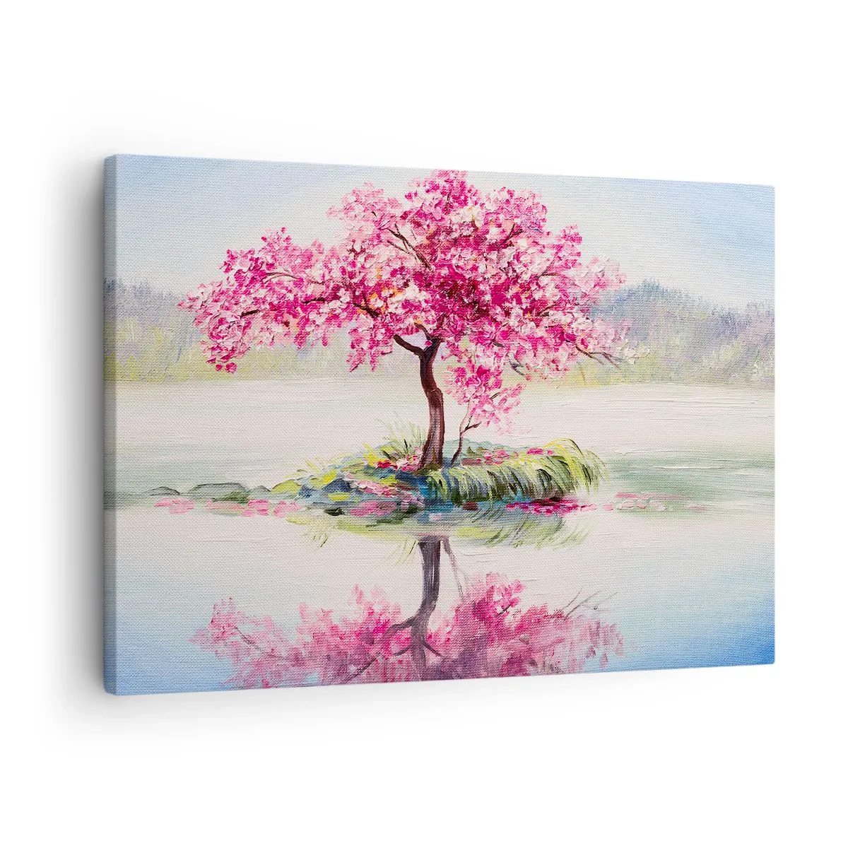 Obraz na płótnie - Kwitnące drzewo na spokojnej wodzie - 70x50cm - Święto wiosny - Nowoczesna dekoracja ścienna do salonu i sypialni ARTTOR