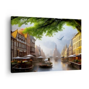 Obraz na płótnie - Niderlandzki pejzaż miejski - Malowniczy niderlandzki pejzaż z kanałem i kamienicami - 70x50cm