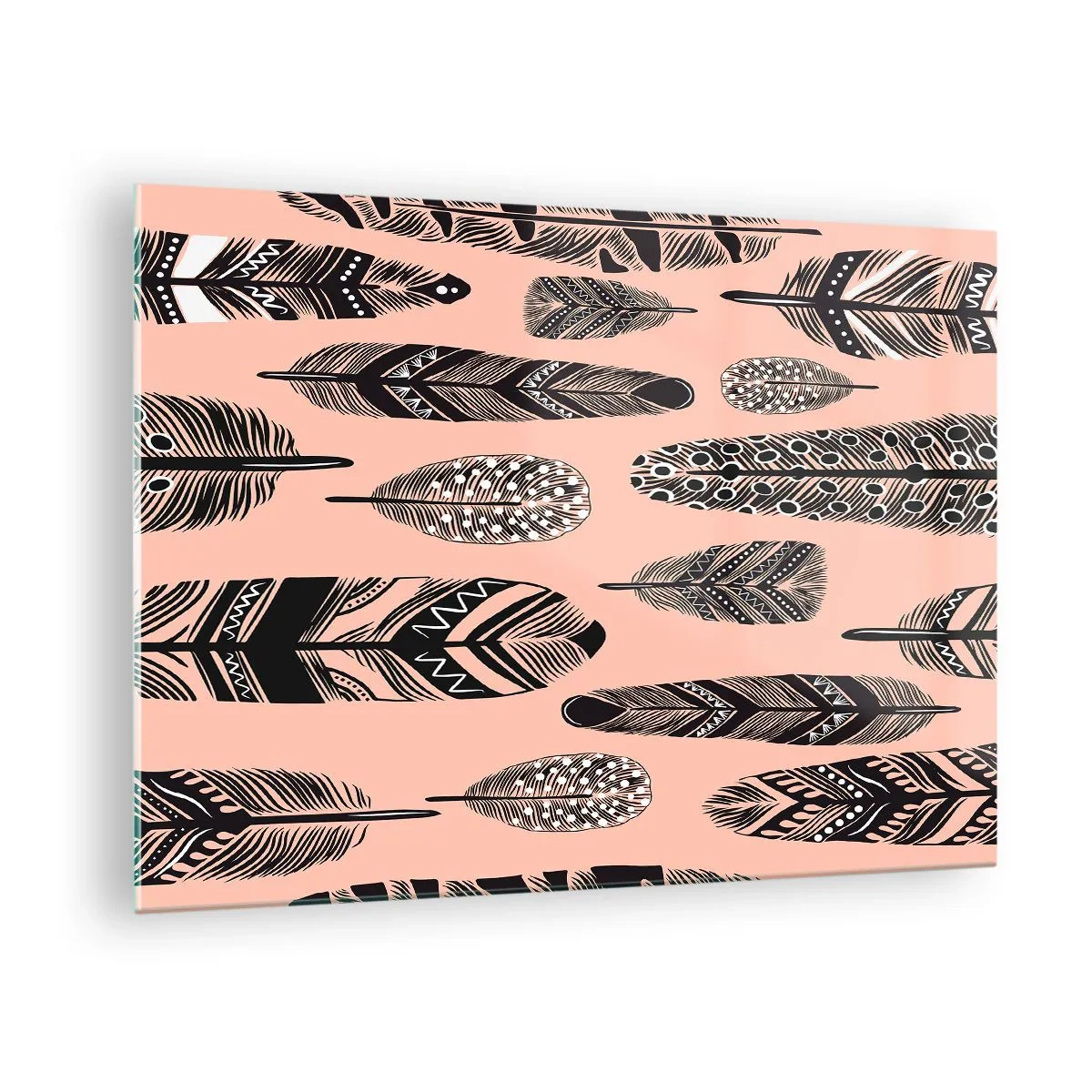 Obraz na szkle - Dekoracyjne pióra w czarno-białe wzory na różowym tle - 70x50cm - Indiańska kolekcja - Nowoczesna dekoracja ścienna do salonu i sypialni ARTTOR