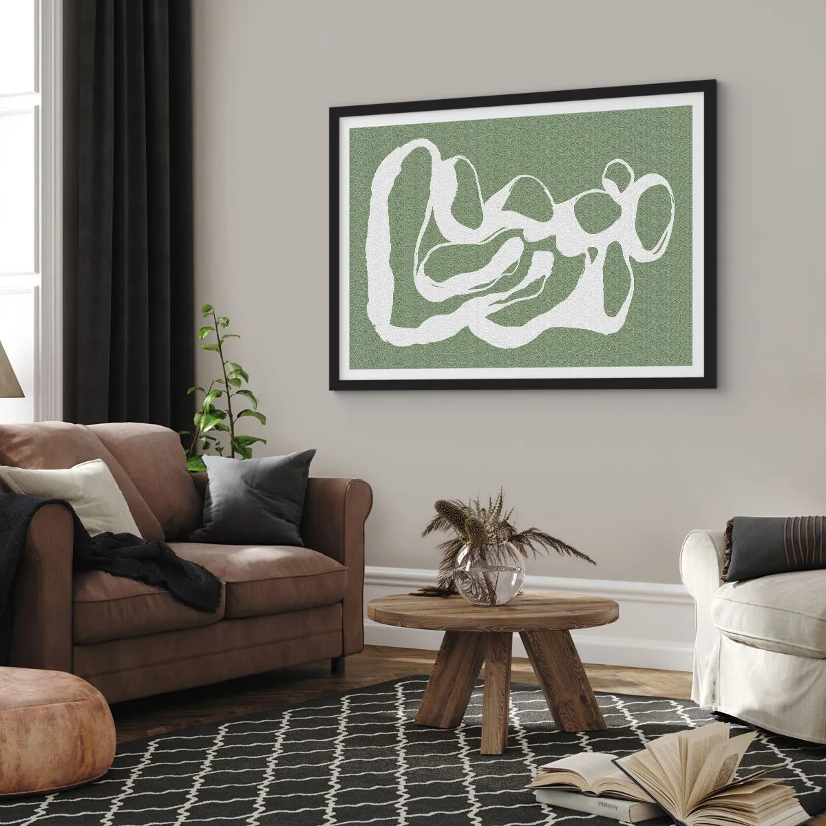 Plakat w czarnej ramie - Organiczne kształty w bieli na zielonym tle - 70x50cm - Wołanie przestrzeni - Nowoczesna dekoracja ścienna do salonu i sypialni ARTTOR