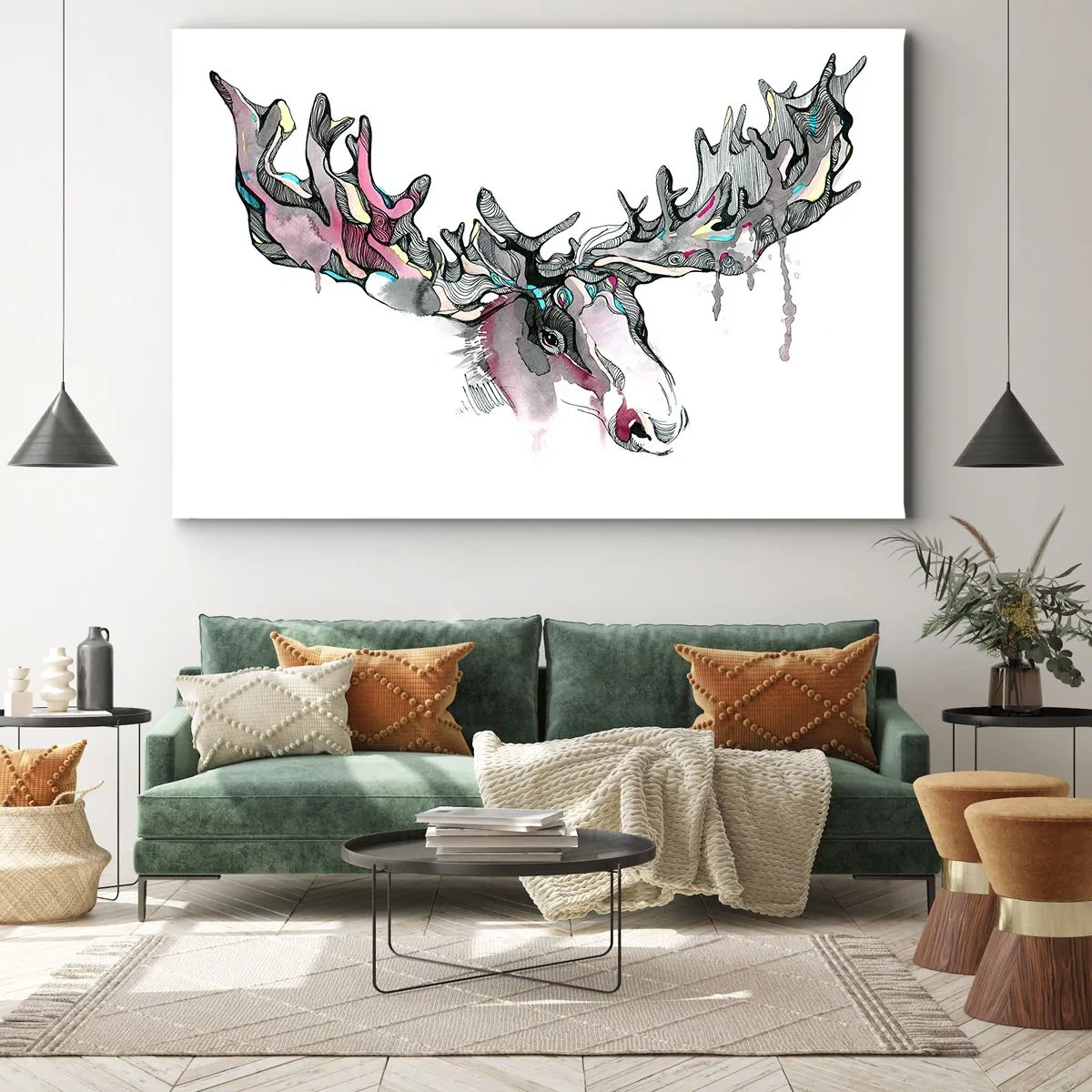 Obraz na płótnie - Artystyczna akwarela łosia z bogatymi porożami - 70x50cm - Korona króla lasu - Nowoczesna dekoracja ścienna do salonu i sypialni ARTTOR