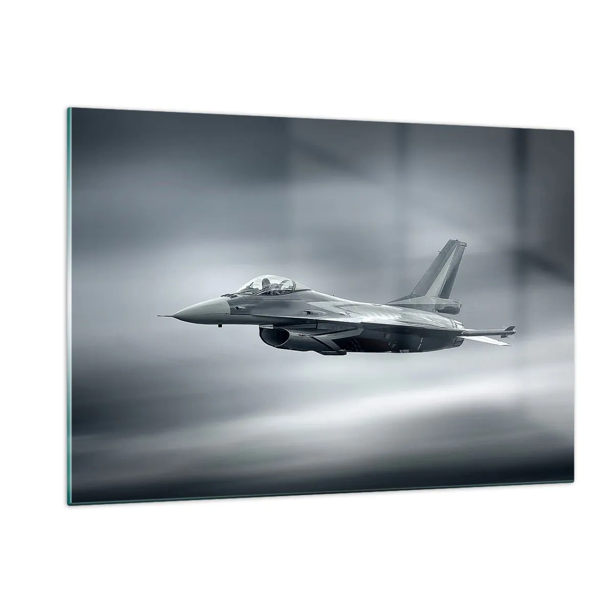 Obraz na szkle - Myśliwiec w locie na tle pochmurnego nieba - 120x80cm - Rzucisz wyzwanie? - Nowoczesna dekoracja ścienna do salonu, kuchni i sypialni ARTTOR