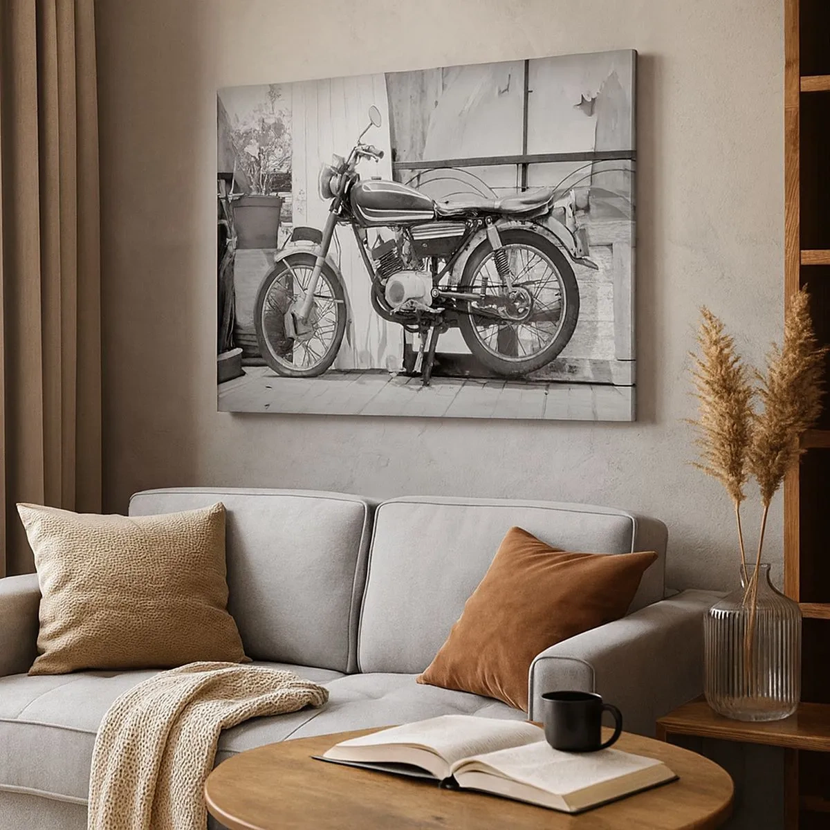 Obraz na płótnie - Czarno-białe zdjęcie klasycznego motocykla - 70x50cm - Klasyka ponad wszystko - Nowoczesna dekoracja ścienna do salonu i sypialni ARTTOR