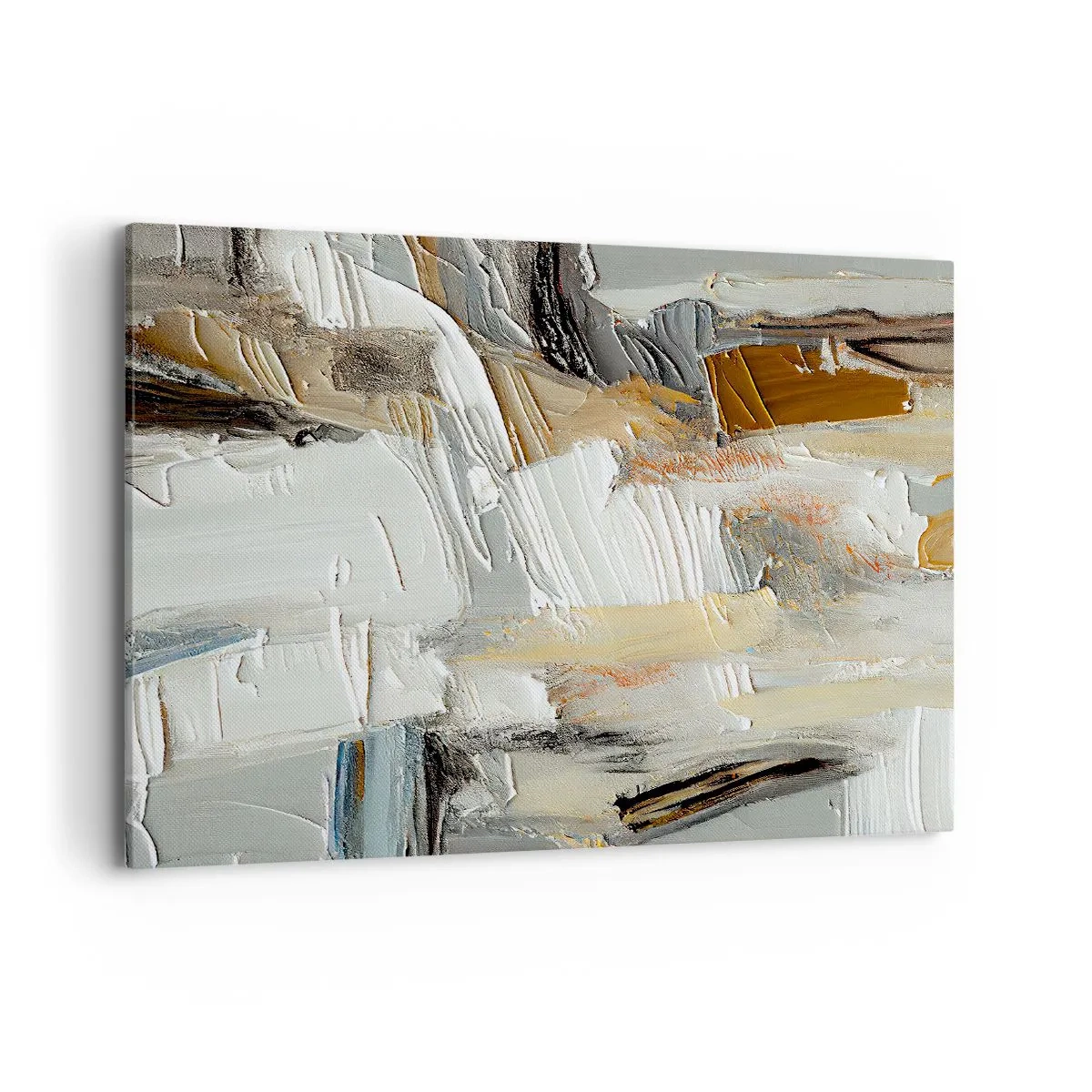 Obraz na płótnie - Teksturalna abstrakcja w odcieniach ziemi i bieli - 100x70cm - Barwne nawarstwienia - Nowoczesna dekoracja ścienna do salonu, kuchni i sypialni ARTTOR