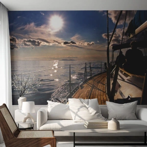 Fototapeta Premium Canvas - Rejs jachtem po morzu o zachodzie słońca - 100x70cm - Pod żaglami w stronę słońca - Nowoczesna dekoracja ścienna do salonu i sypialni ARTTOR