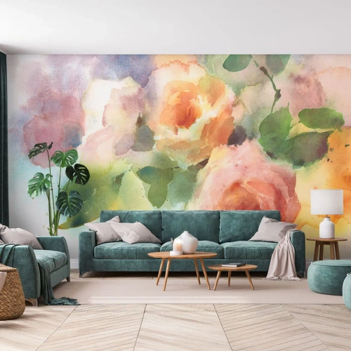 Fototapeta Premium Sand - Akwarelowe róże w pastelowych barwach - 100x70cm - Delikatne jak akwarela - Nowoczesna dekoracja ścienna do salonu, kuchni i sypialni ARTTOR