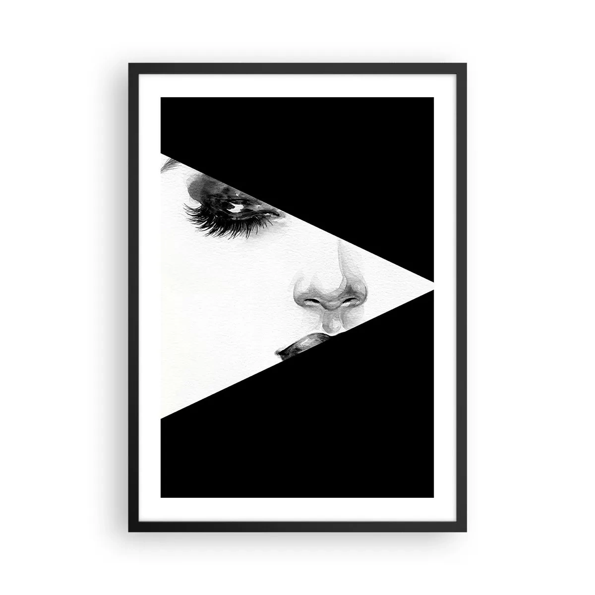 Plakat w czarnej ramie - Minimalistyczny portret kobiety w czerni i bieli z geometrycznym podziałem - 50x70cm - Zawsze nieodkryta - Nowoczesna dekoracja ścienna do salonu i sypialni ARTTOR