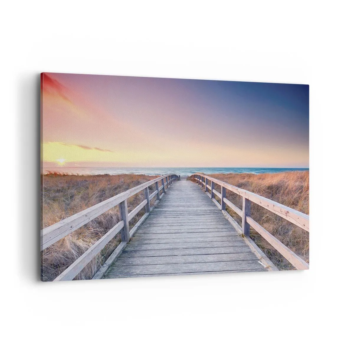 Obraz na płótnie - Drewniany pomost prowadzący na plażę o zachodzie słońca z pastelowymi barwami nieba - 100x70cm - Bałtycka wieczorna zorza - Nowoczesna dekoracja ścienna do salonu, kuchni i sypialni ARTTOR