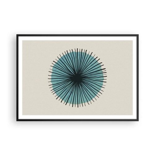 Plakat w czarnej ramie - Abstrakcyjna forma w kształcie koła z promieniami w błękitach - 100x70cm - Promieniście na błękicie - Nowoczesna dekoracja ścienna do salonu i sypialni ARTTOR