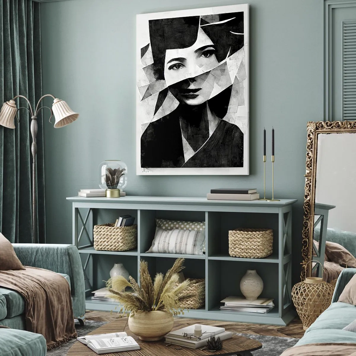 Obraz na płótnie - Abstrakcyjny czarno-biały portret kobiety o geometrycznej formie - 80x120cm - Naprawdę jaka jesteś… - Nowoczesna dekoracja ścienna do salonu i sypialni ARTTOR