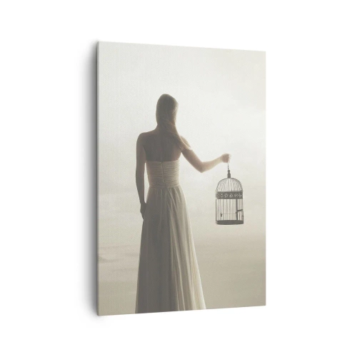 Obraz na płótnie - Kobieta z klatką na tle spokojnego nieba - 70x100cm - Bądź wolna - Nowoczesna dekoracja ścienna do salonu i sypialni ARTTOR