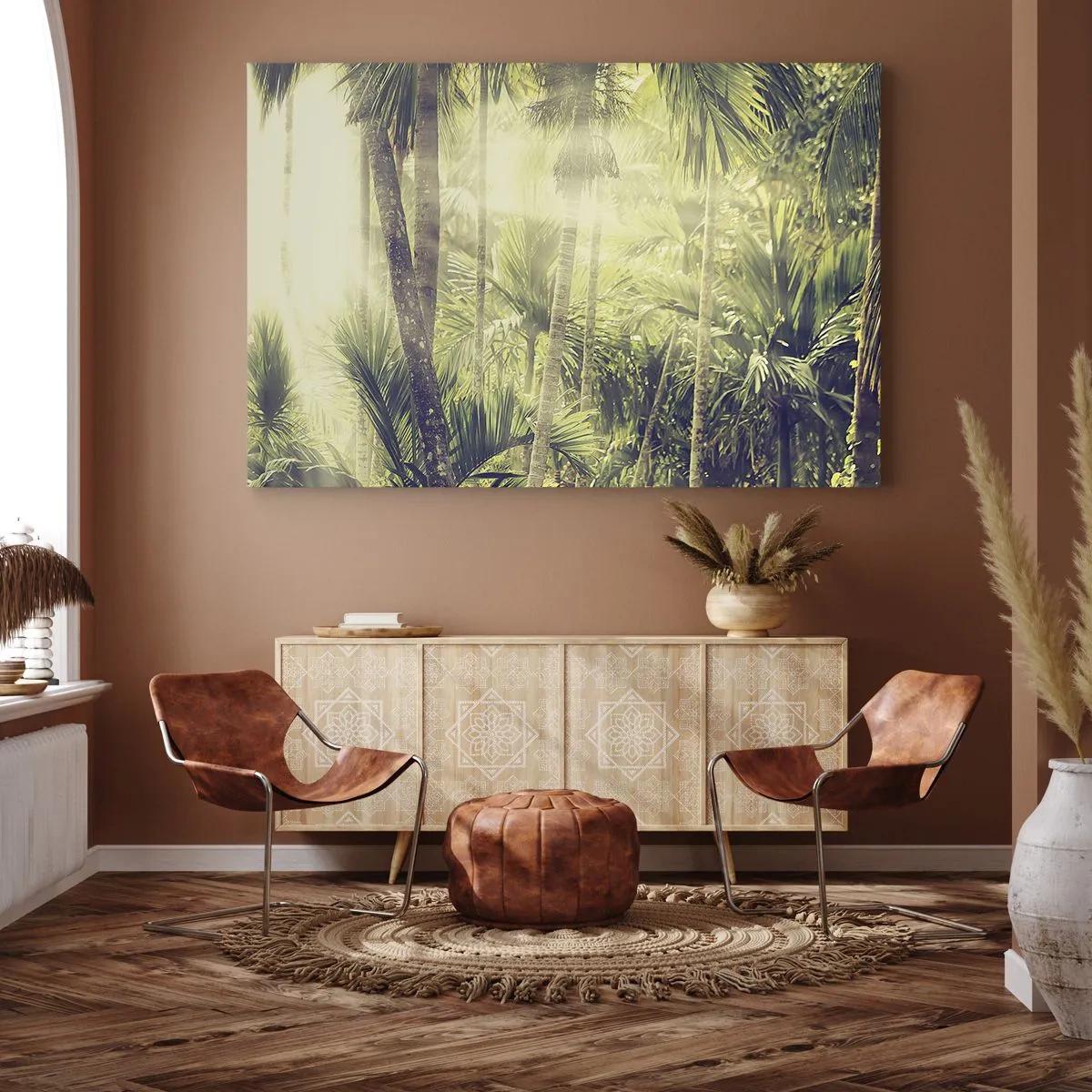 Obraz na płótnie - Promienie słońca w tropikalnym lesie palmowym - 70x50cm - W zielonym żarze - Nowoczesna dekoracja ścienna do salonu i sypialni ARTTOR