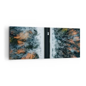 Obraz na płótnie - Droga przez zimowy las widziana z lotu ptaka - 120x50cm - Przeciąć zimowy las - Nowoczesna dekoracja ścienna do salonu i sypialni ARTTOR