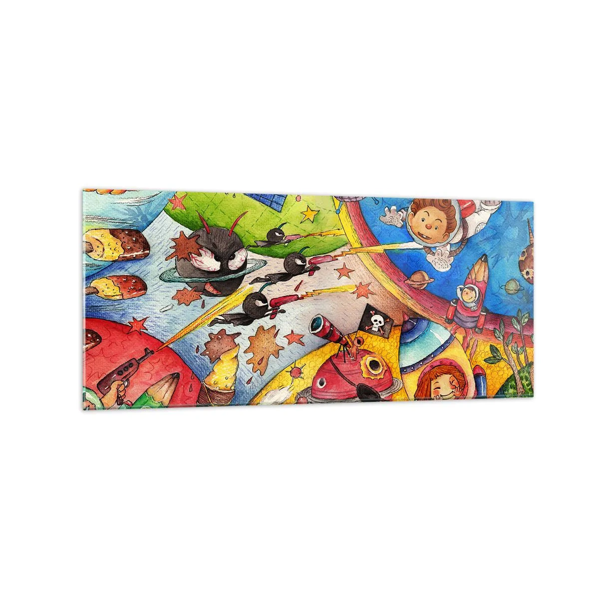Obraz na szkle - Kolorowa scena kosmiczna pełna dzieci i statków kosmicznych - 120x50cm - Wielka kosmiczna przygoda - Nowoczesna dekoracja ścienna do salonu i sypialni ARTTOR