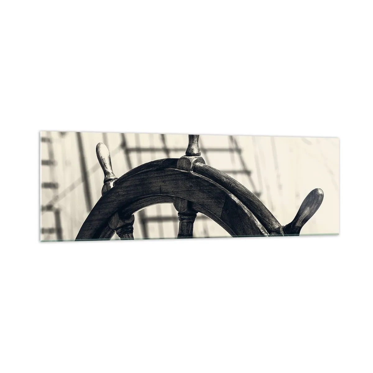 Obraz na szkle - Ster żeglarski w stylu retro na tle statku - 160x50cm - Morskie opowieści - Nowoczesna dekoracja ścienna do salonu i sypialni ARTTOR