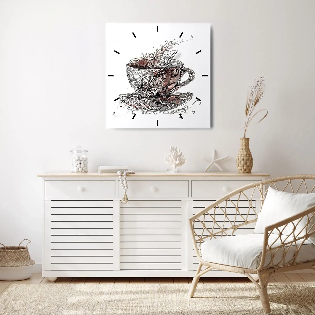 Zegar ścienny - Dekoracyjna filiżanka z kawą o artystycznym wzorze - 30x30cm - Herbata dobra na wszystko - Nowoczesna dekoracja ścienna do salonu i sypialni ARTTOR