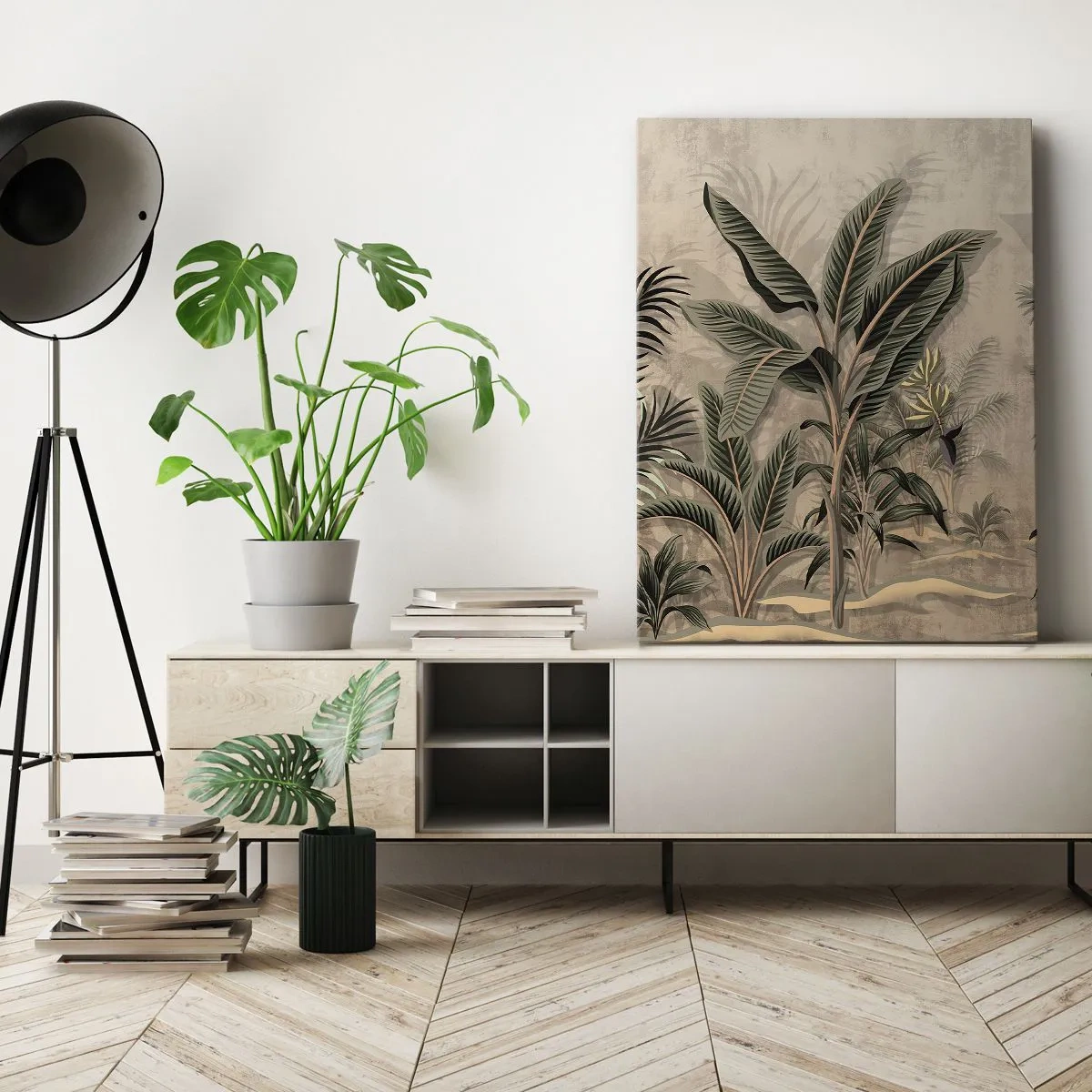 Obraz na płótnie - Palmy i tropikalna roślinność w odcieniach zieleni na beżowym tle - 70x100cm - Rycina w kolonialnym stylu - Nowoczesna dekoracja ścienna do salonu i sypialni ARTTOR