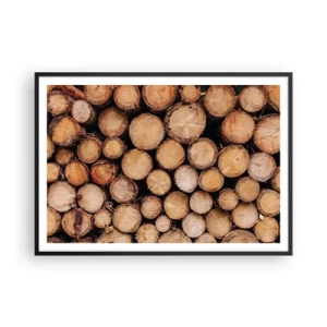Plakat w czarnej ramie - Stosy ściętych pni drzew ułożone w harmonii - 100x70cm - Nowy początek - Nowoczesna dekoracja ścienna do salonu i sypialni ARTTOR