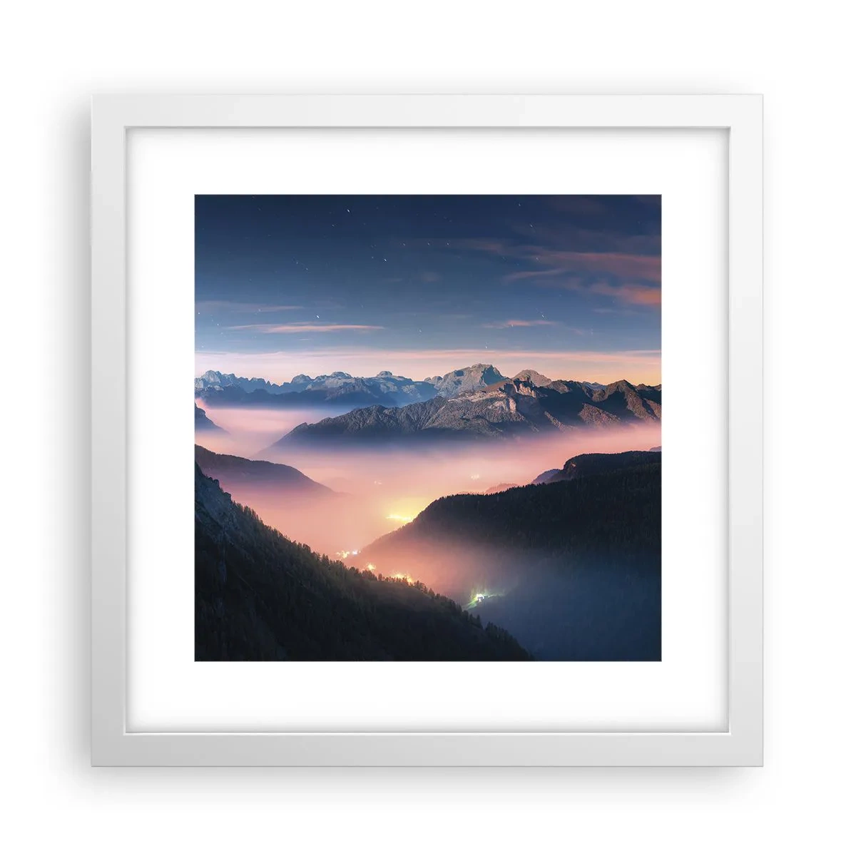 Plakat w białej ramie - Światło w dolinach - 30x30 cm