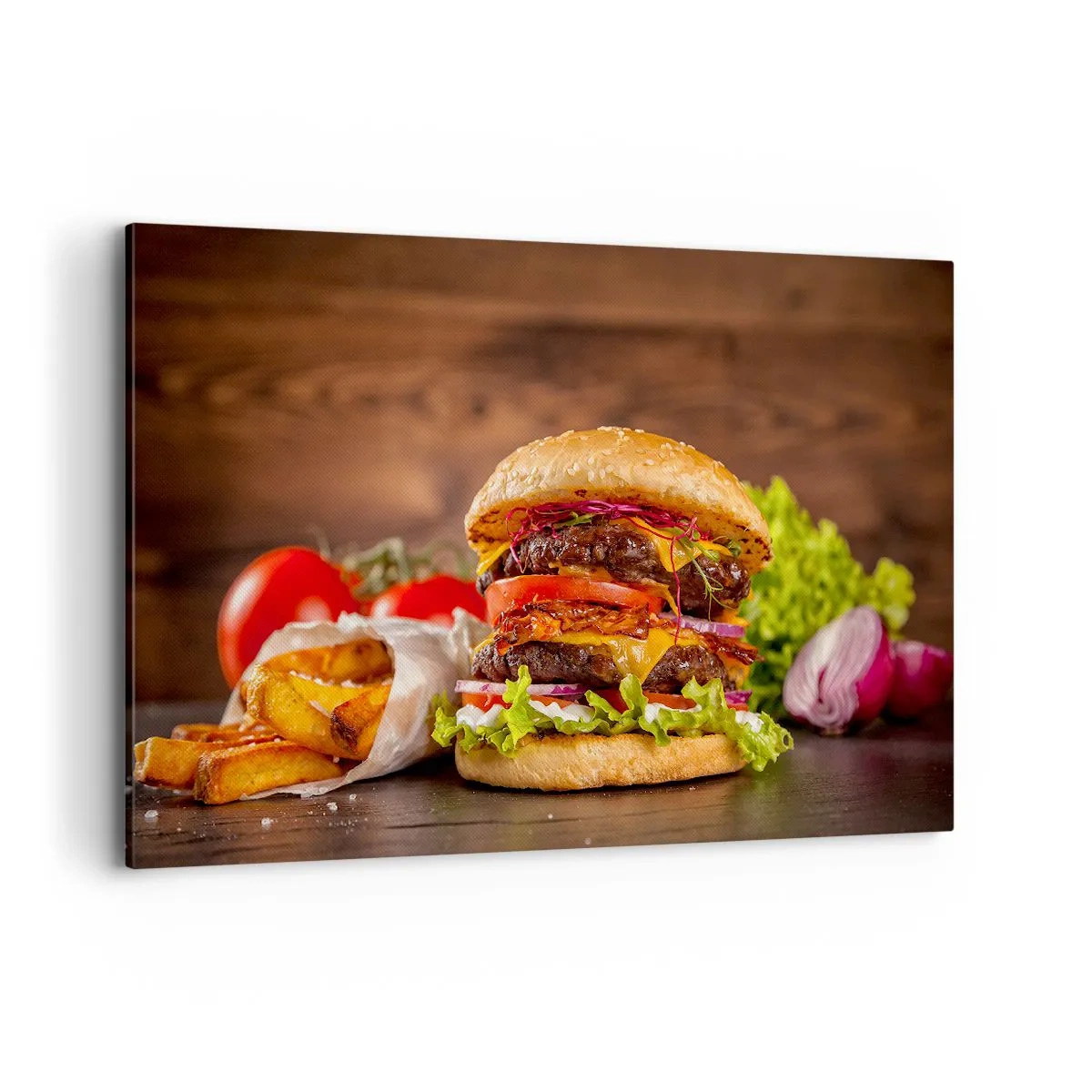 Obraz na płótnie - Apetyczny burger z dodatkami - 120x80cm - Zakazany owoc - Nowoczesna dekoracja ścienna do salonu, kuchni i sypialni ARTTOR