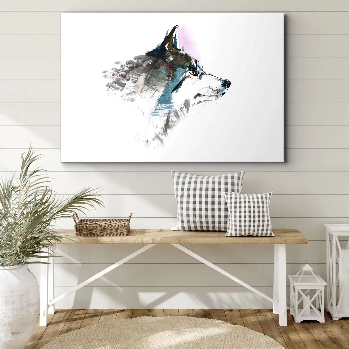 Obraz na płótnie - Akwarelowy wilk w minimalistycznym stylu - 120x80cm - O wilku mowa - Nowoczesna dekoracja ścienna do salonu, kuchni i sypialni ARTTOR