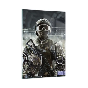 Obraz na szkle - Żołnierz w taktycznym ekwipunku na tle futurystycznego interfejsu - 50x70cm - Moc do potęgi - Nowoczesna dekoracja ścienna do salonu, kuchni i sypialni ARTTOR