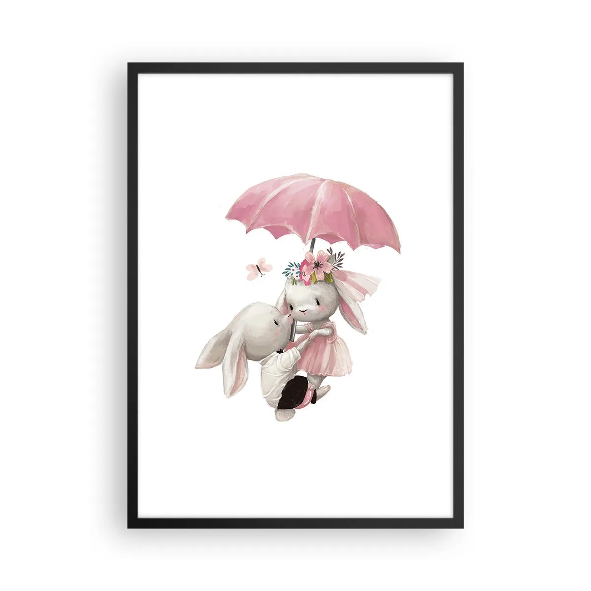 Plakat w czarnej ramie - To właśnie miłość - Urocze króliczki pod różowym parasolem - 50x70cm
