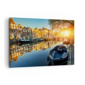 Obraz na płótnie - Kanał w Amsterdamie o zachodzie słońca - 100x70cm - Poranek w Amsterdamie - Nowoczesna dekoracja ścienna do salonu, kuchni i sypialni ARTTOR