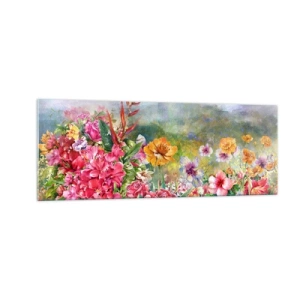 Obraz na szkle - Barwna kompozycja kwiatów na tle pejzażu w pastelowych kolorach - 140x50cm - Ogród, który oszalał - Nowoczesna dekoracja ścienna do salonu i sypialni ARTTOR