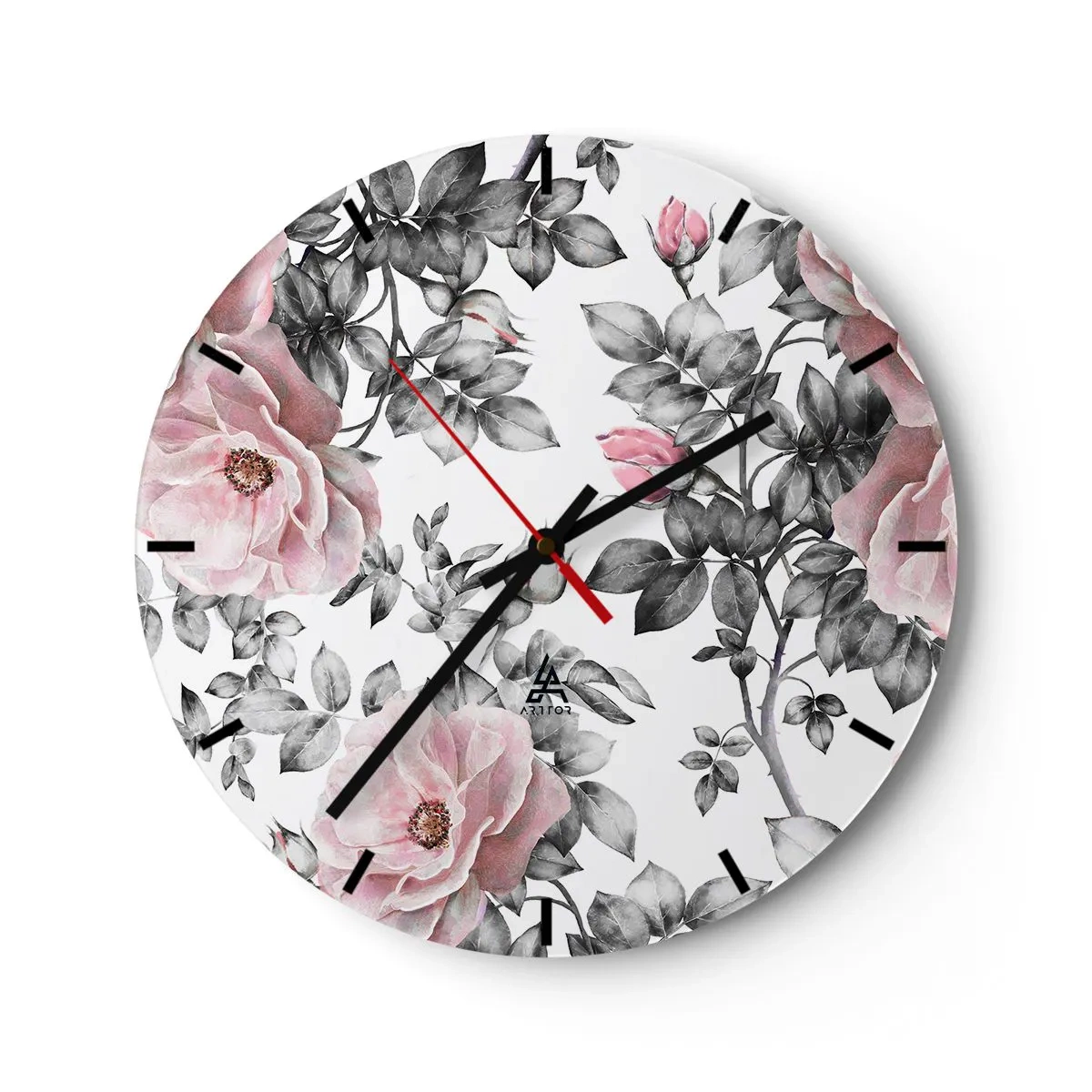 Zegar ścienny - Różowe róże z czarno-białymi liśćmi - 30x30cm - Zagubić się w kwiatach róż - Nowoczesna dekoracja ścienna do salonu, kuchni i sypialni ARTTOR