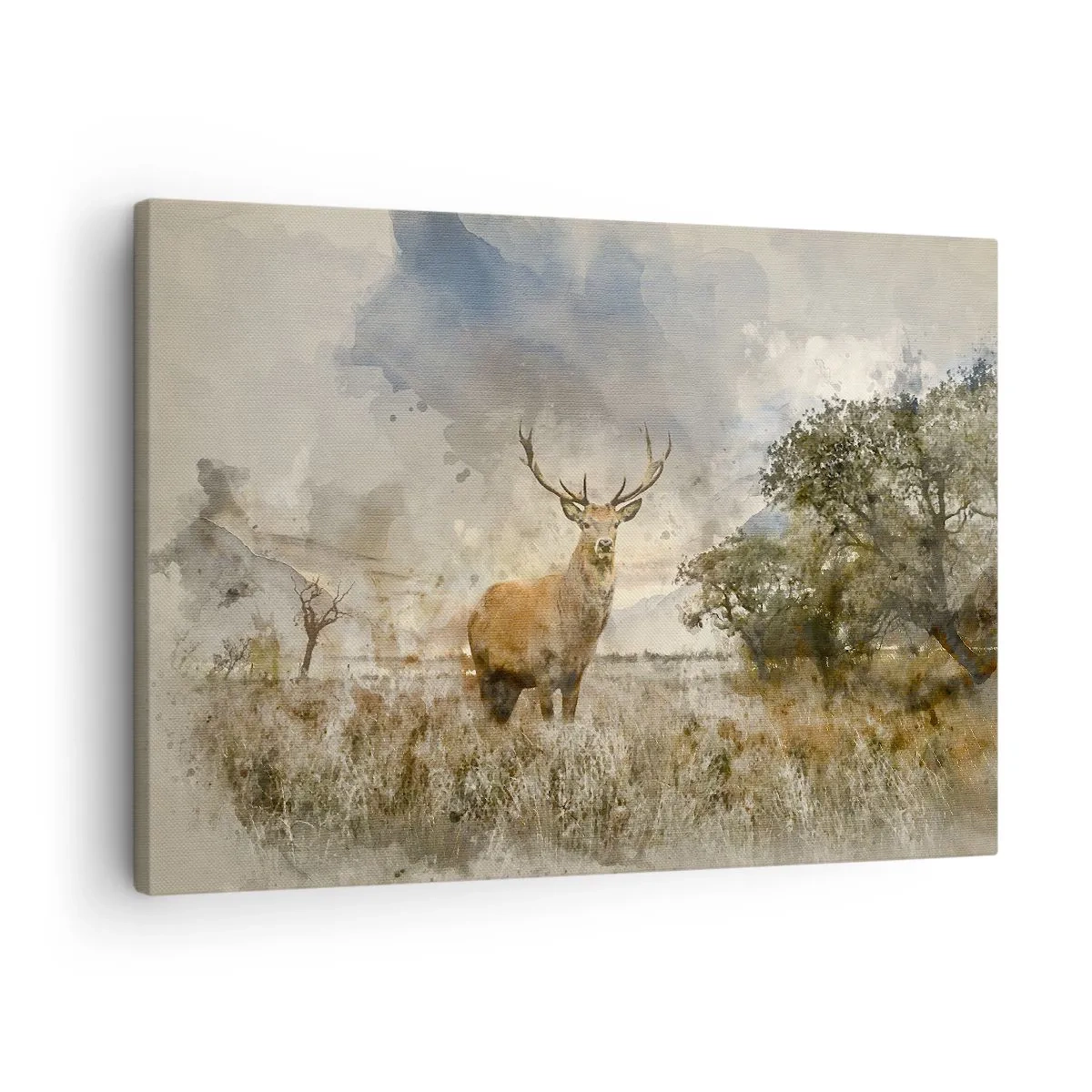 Obraz na płótnie - Jeleń w naturalnym otoczeniu w akwarelowym stylu - 70x50cm - Godność - siła - dostojeństwo - Nowoczesna dekoracja ścienna do salonu i sypialni ARTTOR