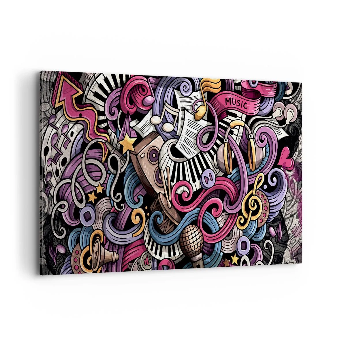 Obraz na płótnie - Muzyczna abstrakcja pełna kolorowych instrumentów i nut - 120x80cm - Skomplikowana melodia - Nowoczesna dekoracja ścienna do salonu, kuchni i sypialni ARTTOR