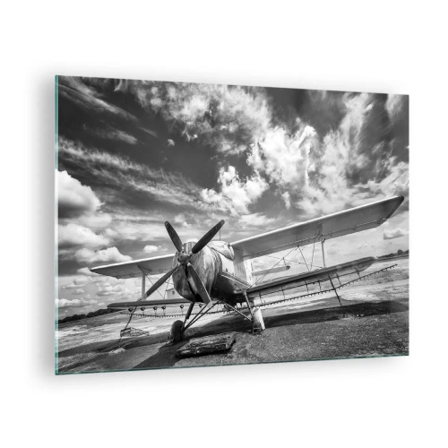 Obraz na szkle - Czarno-białe zdjęcie klasycznego samolotu dwupłatowego - 70x50cm - Nie mogę się doczekać! - Nowoczesna dekoracja ścienna do salonu i sypialni ARTTOR
