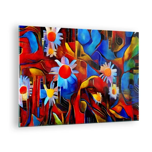 Obraz na szkle - Kolorowe abstrakcyjne kwiaty na tle intensywnych barw - 70x50cm - Kolory życia - Nowoczesna dekoracja ścienna do salonu i sypialni ARTTOR