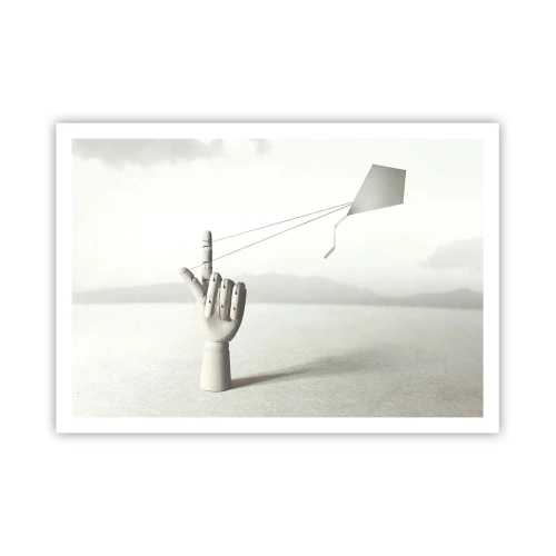 Plakat - Minimalistyczna ręka drewniana z latawcem na tle pejzażu - 100x70cm - Próba sił - Nowoczesna dekoracja ścienna do salonu i sypialni ARTTOR
