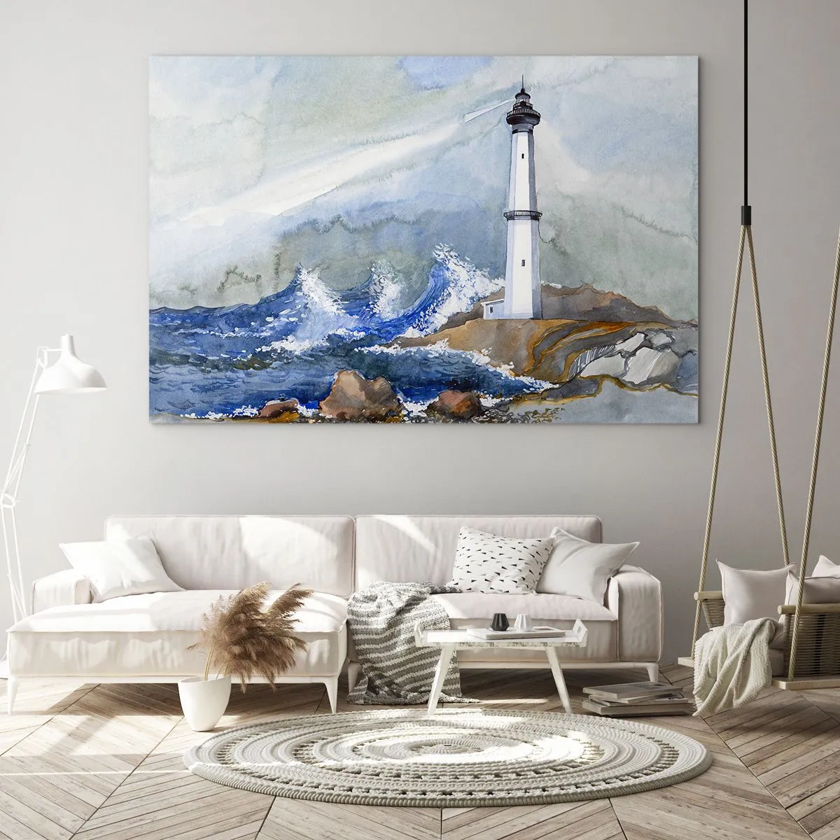Obraz na szkle - Latarnia morska przy wzburzonym morzu w akwarelowym stylu - 100x70cm - Przeciwko ciemności i nawałnicy - Nowoczesna dekoracja ścienna do salonu, kuchni i sypialni ARTTOR