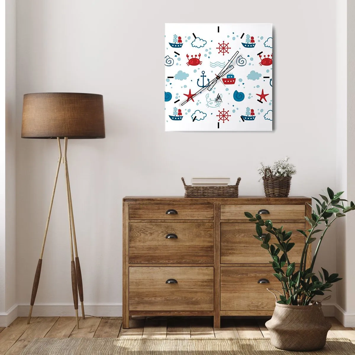 Zegar ścienny - Morski wzór z kotwicami, statkami i krabami - 30x30cm - Morska bajka - Nowoczesna dekoracja ścienna do salonu i sypialni ARTTOR