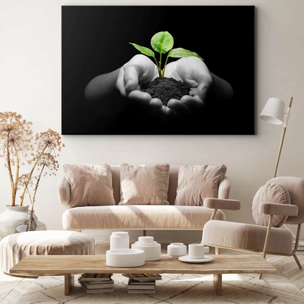 Obraz na płótnie - Dłonie trzymające zieloną roślinę na czarnym tle - 70x50cm - Kocham naturę, chronię ją - Nowoczesna dekoracja ścienna do salonu i sypialni ARTTOR