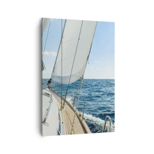 Obraz na płótnie - Żaglówka na spokojnym morzu pod błękitnym niebem - 70x100cm - Ahoj, przygodo - Nowoczesna dekoracja ścienna do salonu i sypialni ARTTOR