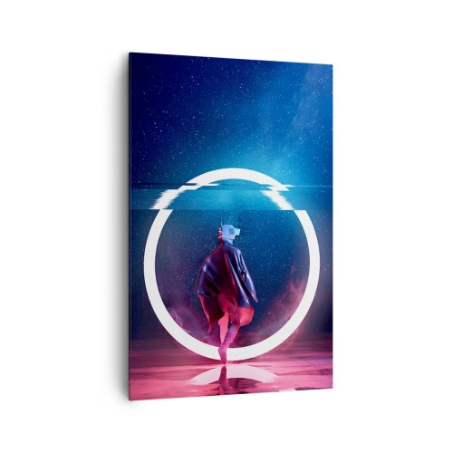 Obraz na płótnie - Postać w futurystycznym otoczeniu z neonowym okręgiem - 80x120cm - Między światami - Nowoczesna dekoracja ścienna do salonu i sypialni ARTTOR