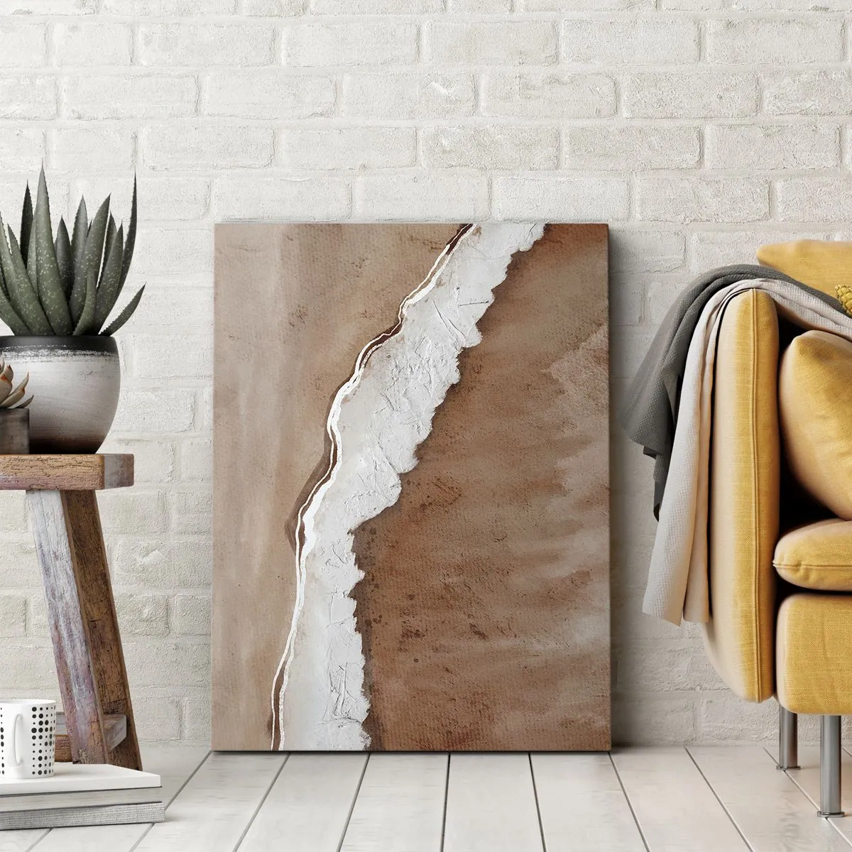 Obraz na płótnie - Abstrakcyjna tekstura w odcieniach beżu i bieli z dynamicznym podziałem - 50x70cm - W kolorach ziemi - Nowoczesna dekoracja ścienna do salonu, kuchni i sypialni ARTTOR