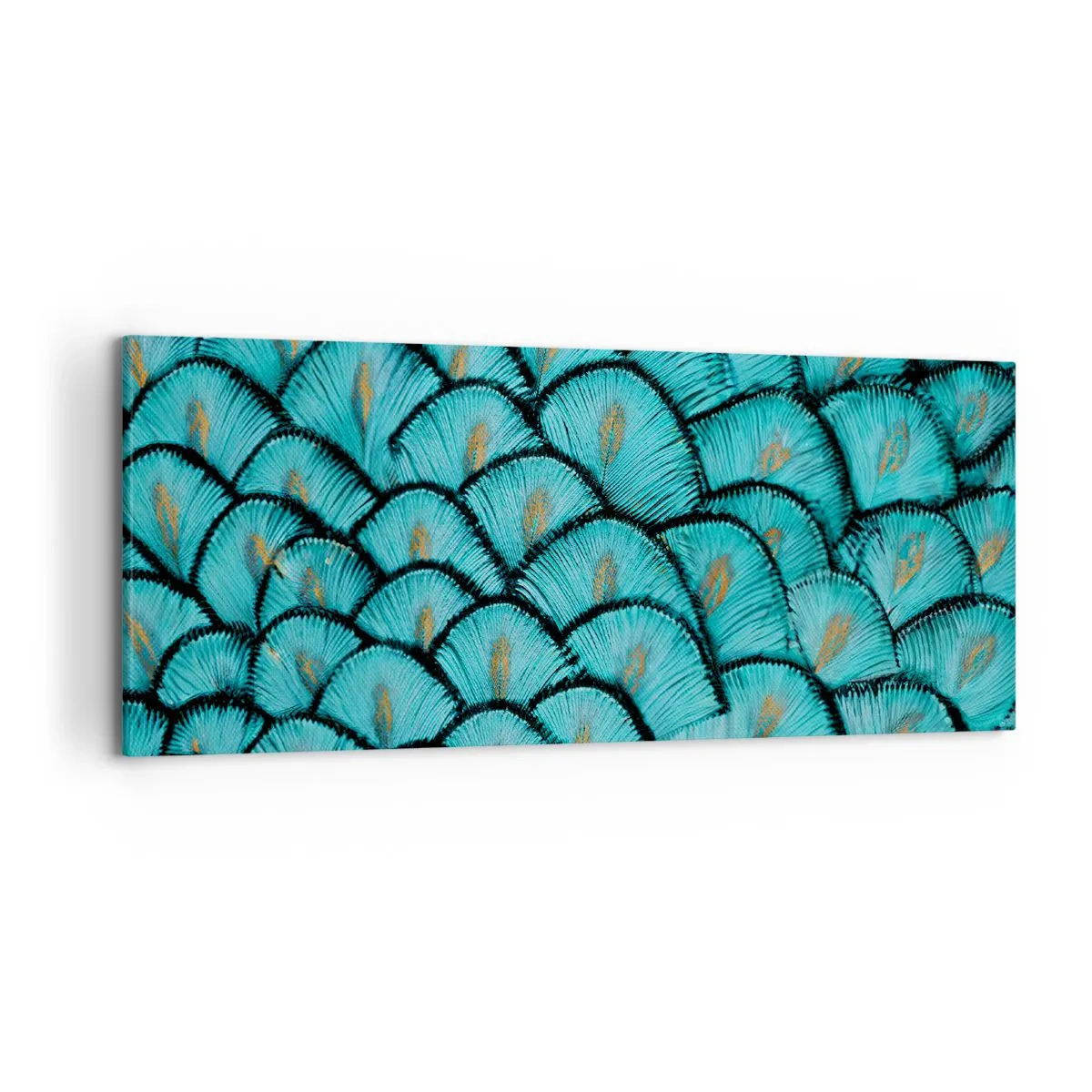 Obraz na płótnie - Wzór przypominający turkusowe łuski z akcentami złota - 120x50cm - Wielka gala piór - Nowoczesna dekoracja ścienna do salonu i sypialni ARTTOR