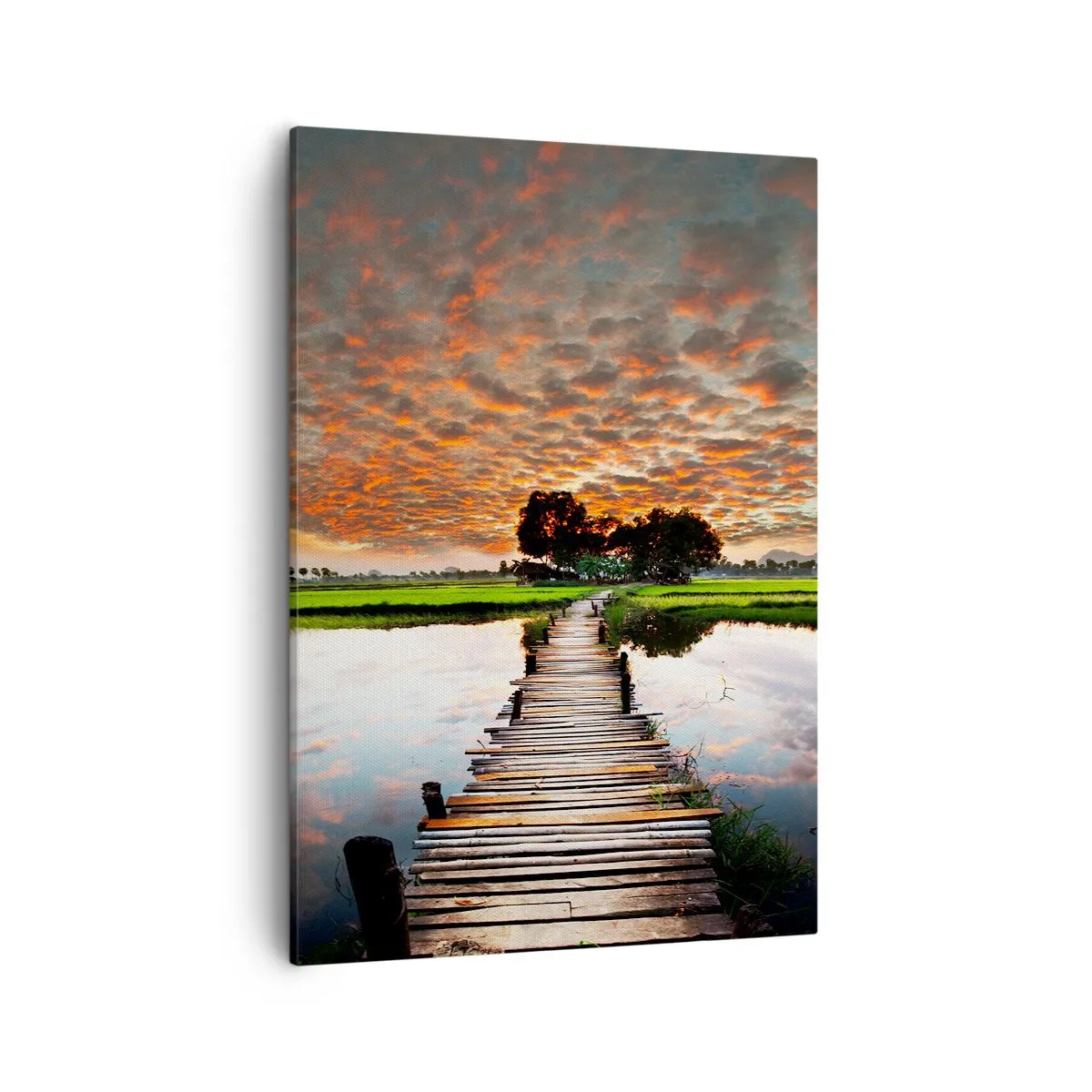 Obraz na płótnie - Drewniany pomost nad wodą prowadzący ku drzewom o zachodzie słońca - 50x70cm - Rozłóż ramiona - oddychaj  - Nowoczesna dekoracja ścienna do salonu, kuchni i sypialni ARTTOR