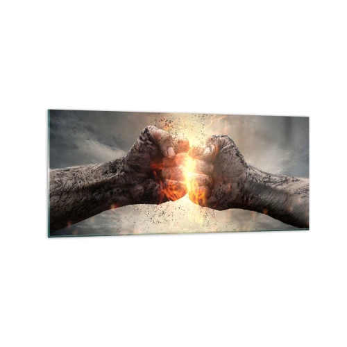 Obraz na szkle - Zaciśnięte pięści w dynamicznej scenerii z ogniem - 120x50cm - Stań do walki - Nowoczesna dekoracja ścienna do salonu i sypialni ARTTOR