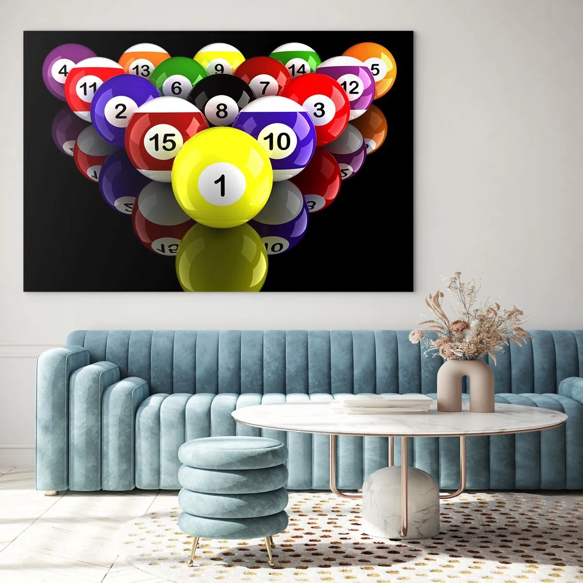 Obraz na szkle - Kolorowe bile bilardowe ułożone na czarnym tle - 70x50cm - Różne barwy gry - Nowoczesna dekoracja ścienna do salonu i sypialni ARTTOR